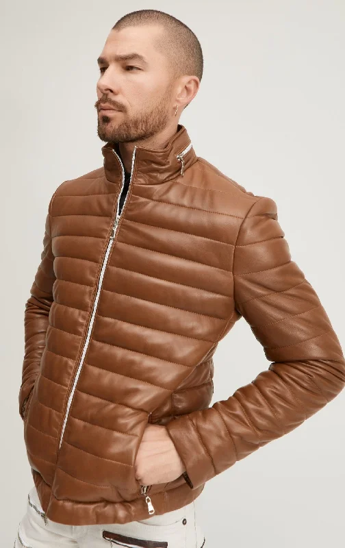 Lambskin Leather Puffer Jacket - BrownLinen Jackets