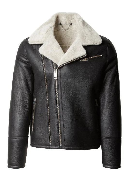 Shearling Lined Leather Flight Jacket - BlackLeather-Paneled Jackets