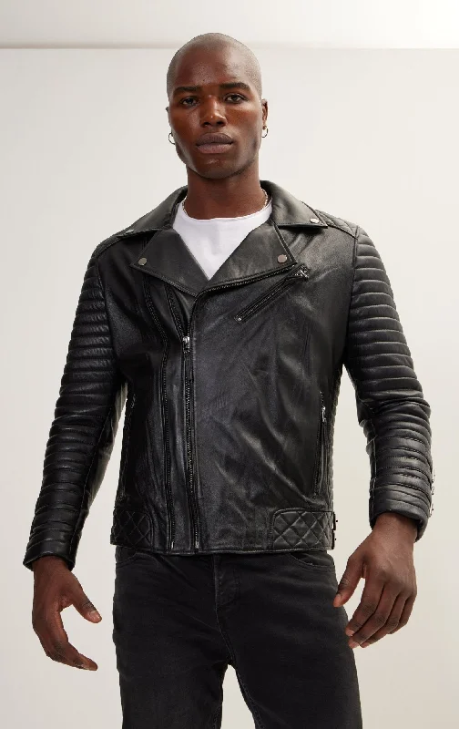 Cuff Buckles Quilted Leather Moto Jacket- BlackLinen Jackets