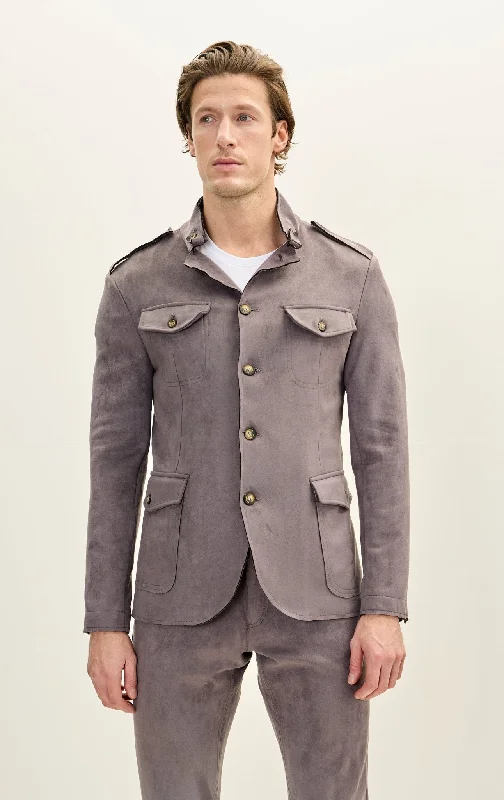 Men's Microsuede Lightweight Safari Jacket - GreyButton-Up Jackets