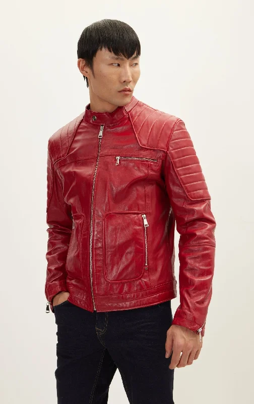 Piping Details Leather Biker Jacket - RedFlannel Jackets