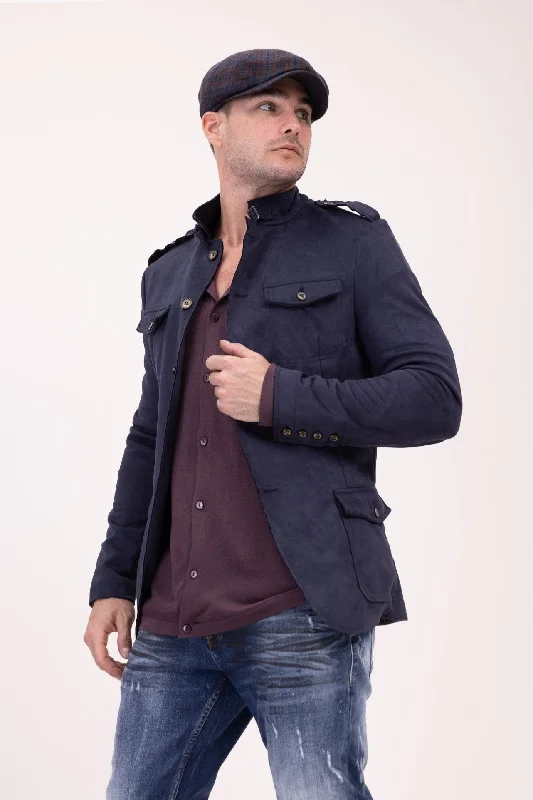 Men's Microsuede Lightweight Safari Jacket - NavyBeaded Jackets