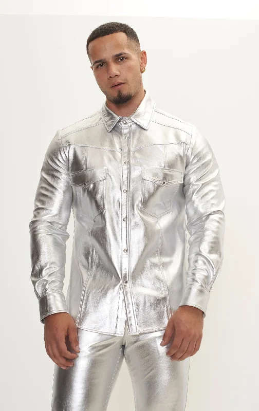 Genuine Lambskin Leather Shirt - SilverFleece Jackets