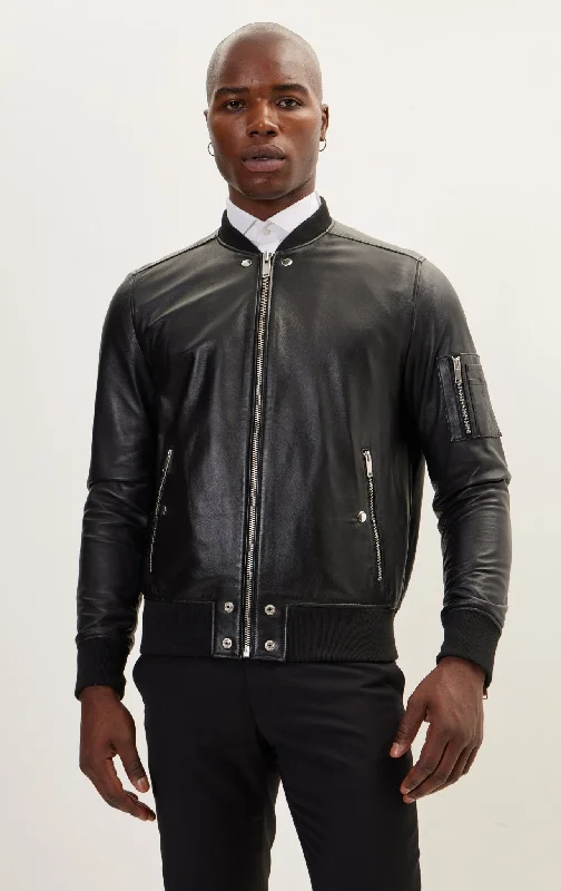 The Sleek Leather Bomber Jacket - BlackField Jackets