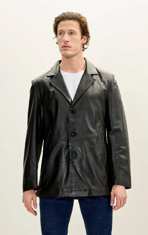 Men's Notch Lapel 3-buttons Longline Leather Jacket - BlackRecycled Fabric Jackets