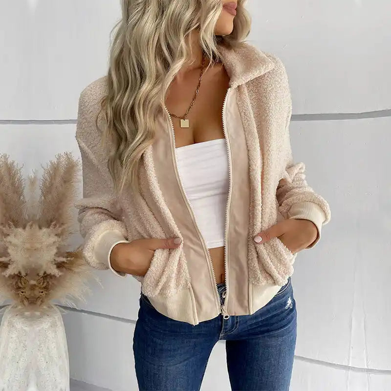 New fashion women’s solid color long-sleeved lapel sherpa jacketAsymmetrical Jackets