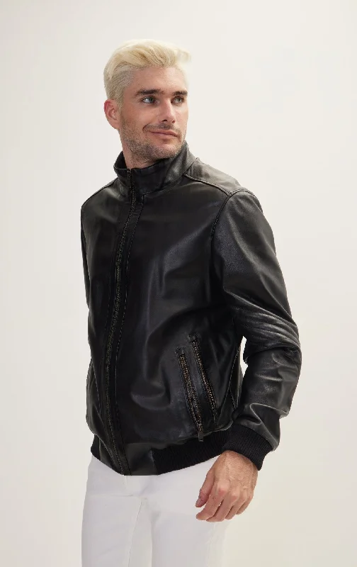 High Collar Leather  Bomber Jacket - BlackMesh Jackets