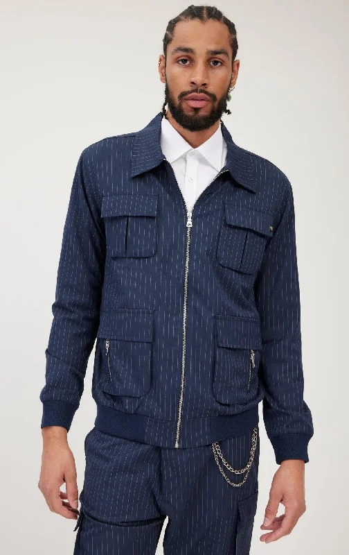 Pinstriped Utility Bomber Jacket - Navy WhiteFaux Leather Jackets