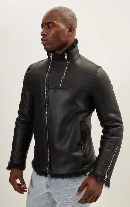 Reversible Toscana Shearling Genuine Leather Jacket - BlackWindproof Jackets