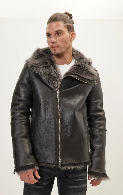 Reversible Toscana Shearling Genuine Leather Jacket - ChocolateLace-Up Jackets