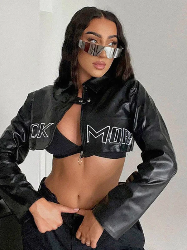 Women's Fashion Biker Letters Embroidered PU Leather Short Jacket JacketStreetwear Jackets