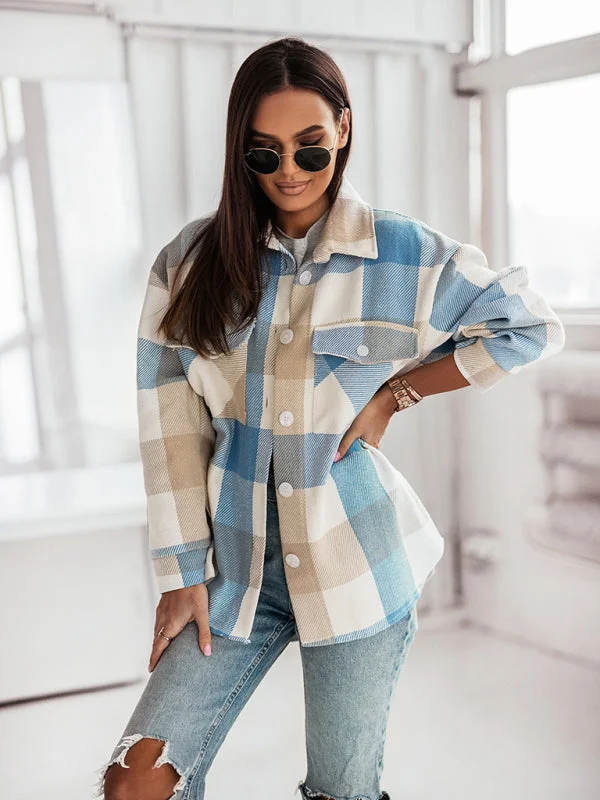 Women's Fashion Color Plaid Shirt Brushed Wool JacketThermal Jackets