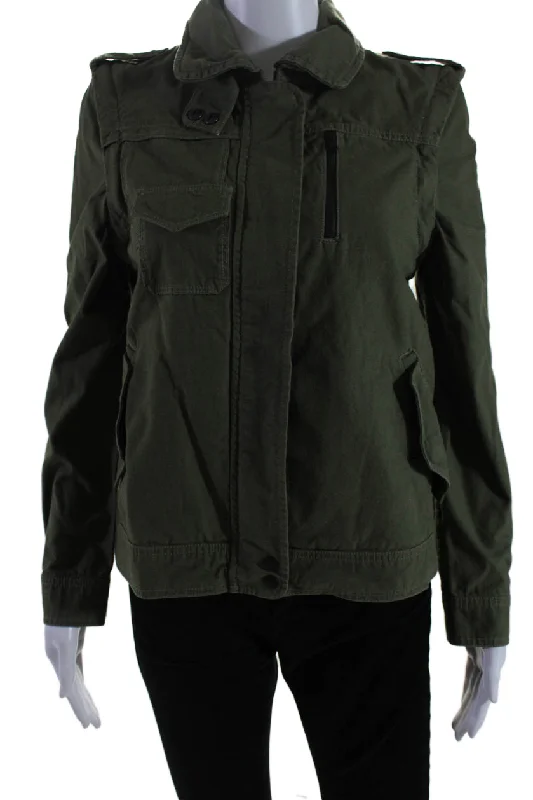 Aether Womens Cotton Textured Zip Lined Collar Button Jacket Army GreenCollege Jackets