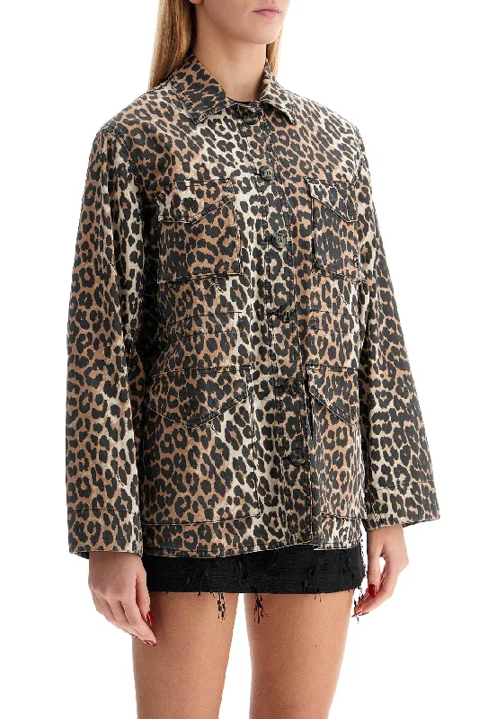 Ganni Leopard Print Canvas OvershirtWindproof Jackets