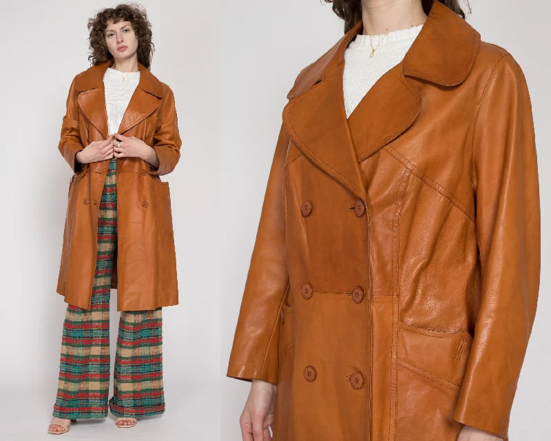 Large 70s Caramel Brown Long Leather JacketHooded Jackets