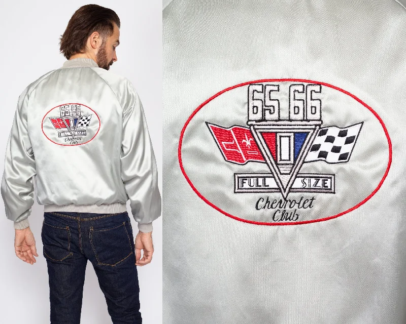 Medium 60s Chevrolet Car Club Silver Satin JacketFaux Leather Jackets