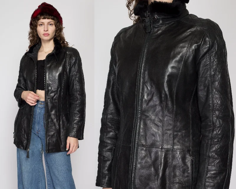 Small 90s Black Leather Fur Collar JacketSports Team Jackets