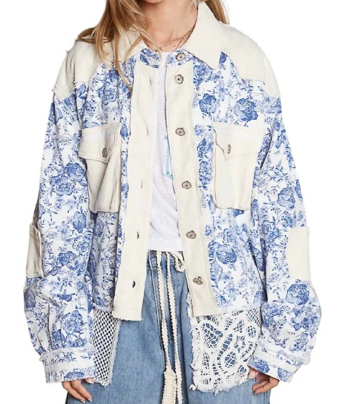 The Wildflower Jacket In Ivory/blueButton-Up Jackets