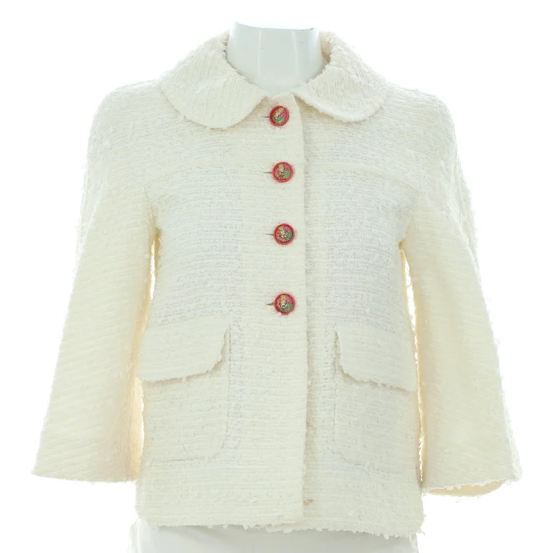 Women's Round Collar Button Up Jacket TweedRibbed Cuff Jackets