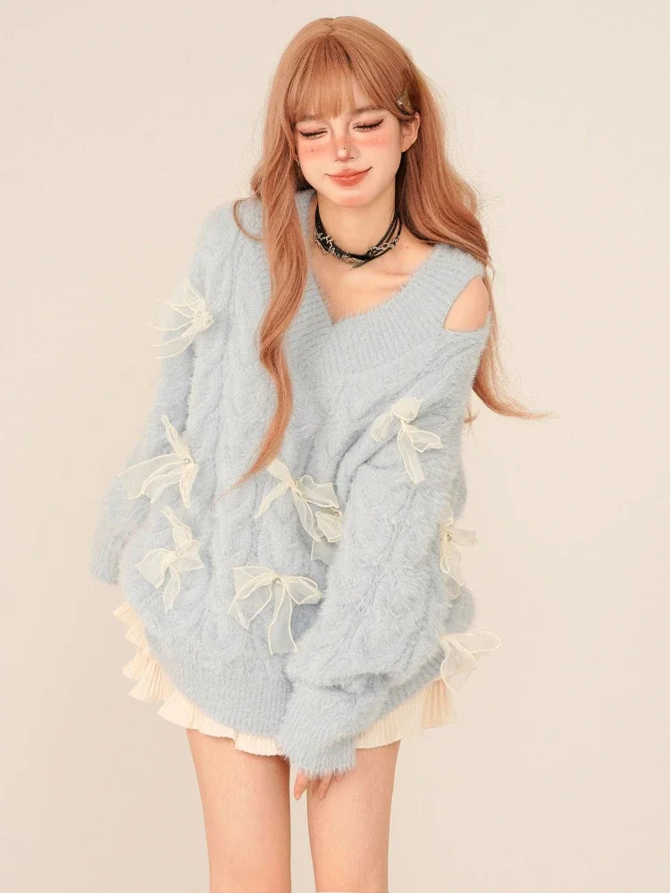 Fleece Knit TopsBow Cut Out Fluffy Sweater