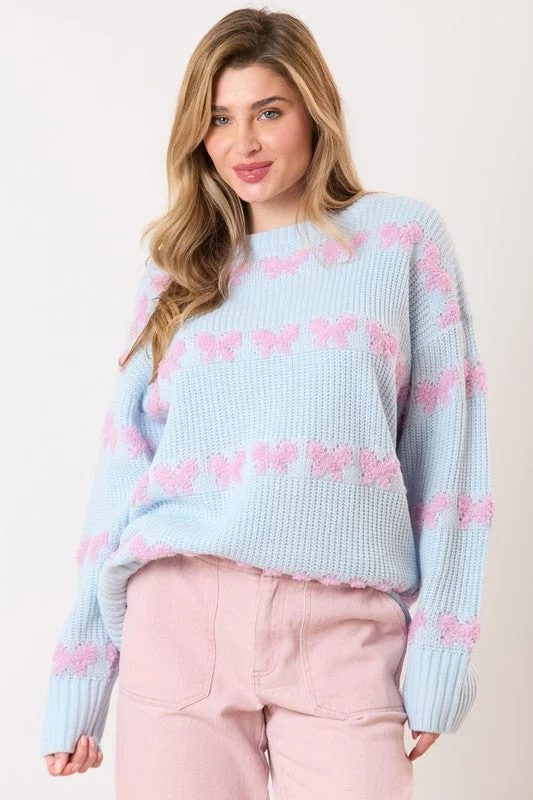 Hip-Hop Knit TopsBow Tie Babe Blue Sweater