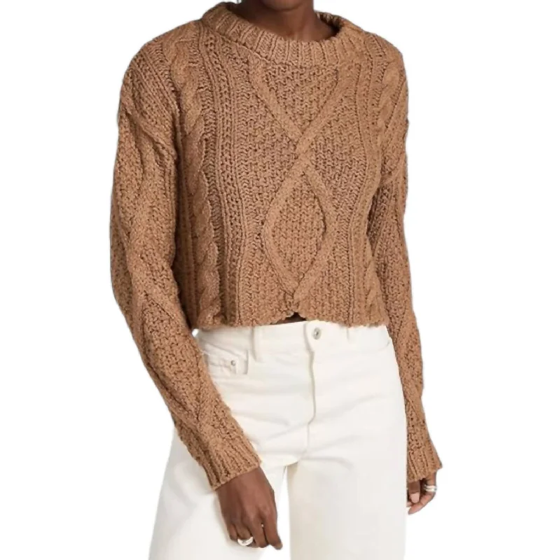 Boat Neck Knit TopsCutting Edge Cable Sweater In Camel Brown