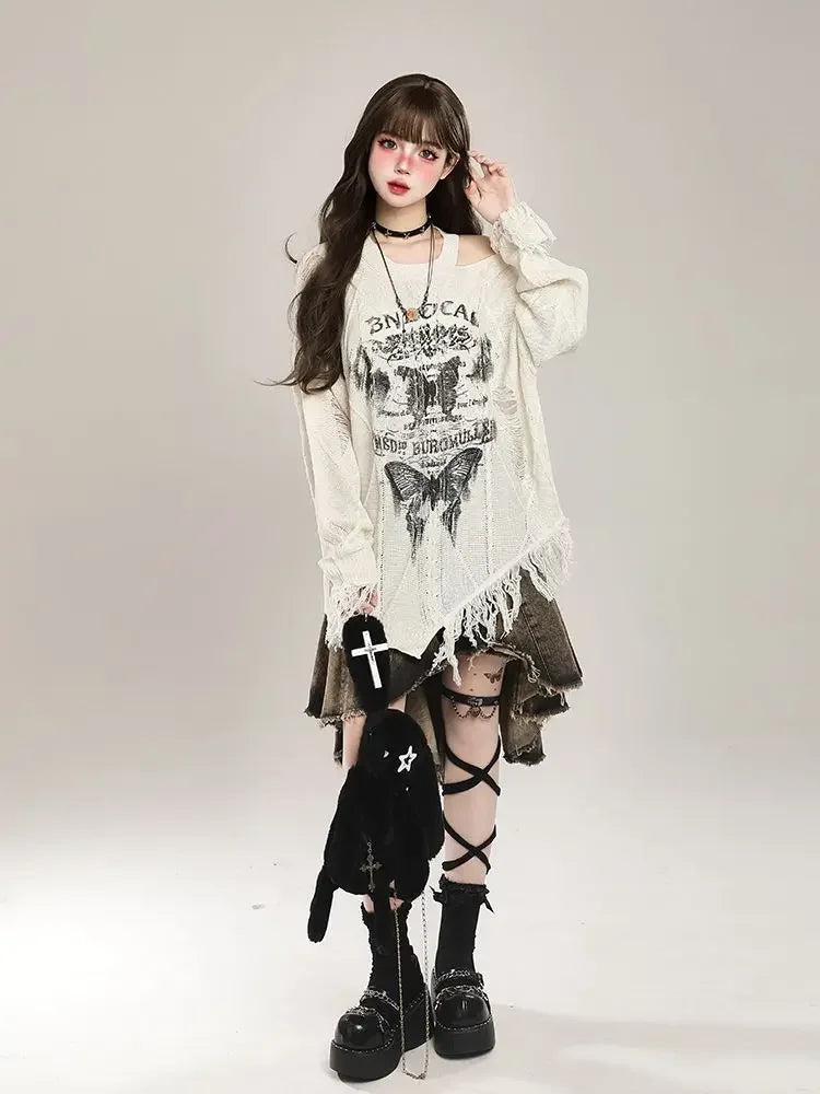 Thermal Knit TopsGrunge Butterfly Sweater