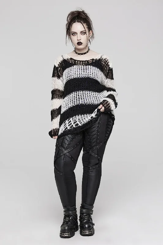 Plush Knit TopsGrunge Gloom Striped Sweater [BLACK/WHITE]