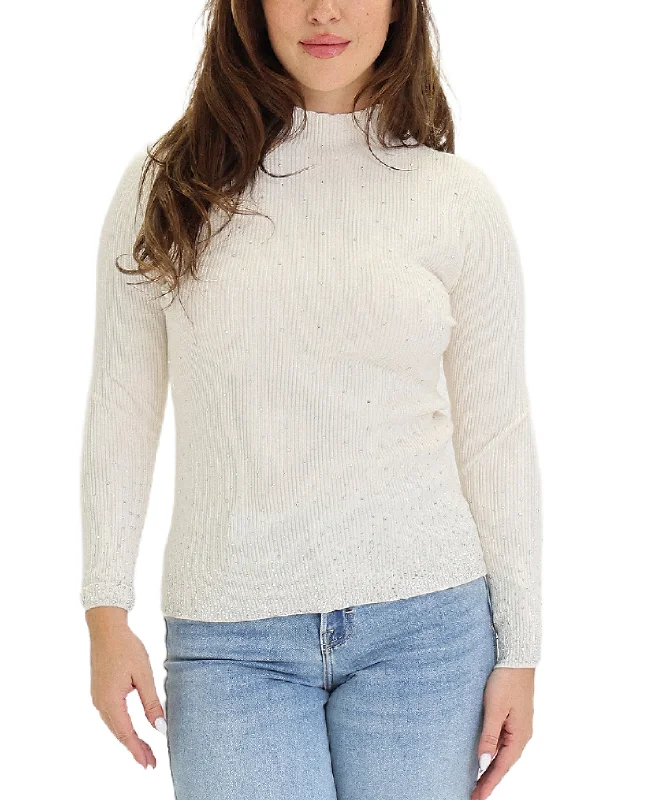 Turtleneck Knit TopsKnit Ribbed Sweater w/ Crystals