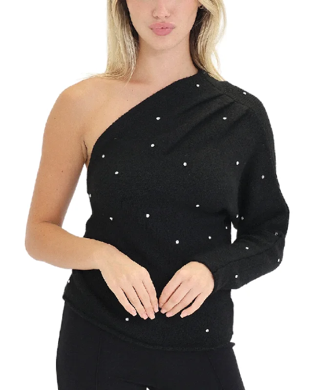 Band Merch Knit TopsOff Shoulder Sweater w/ Rhinestones