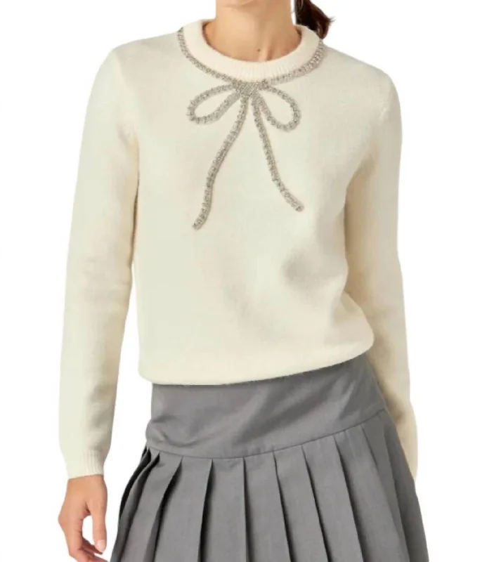 Thermal Knit TopsRhinestone Bow Sweater In Off White