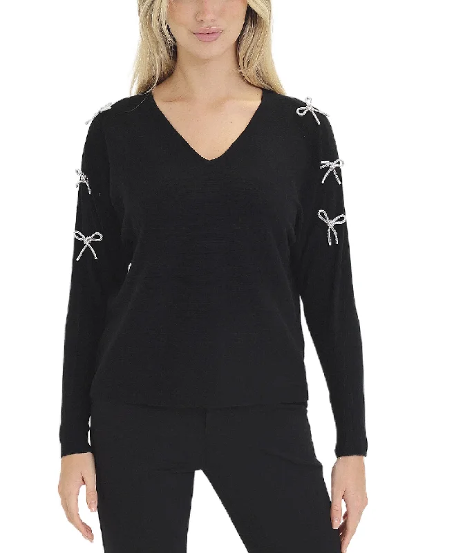 Streetwear Knit TopsSweater w/ Rhinestone Bow Detail